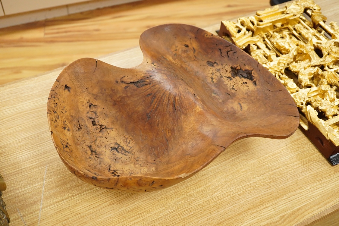 A large free form burr elm fruit bowl or centre dish, 45cm wide